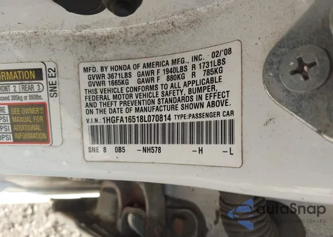 2008 Honda Civic Lx from USA, damaged, VIN 1HGFA16518L070814